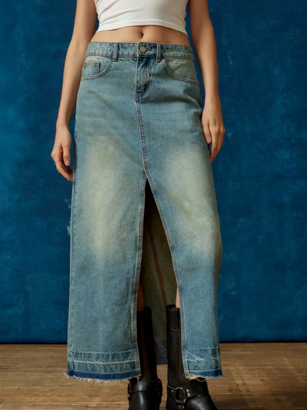 BDG Blue Denim Midi Skirt with Front Slit